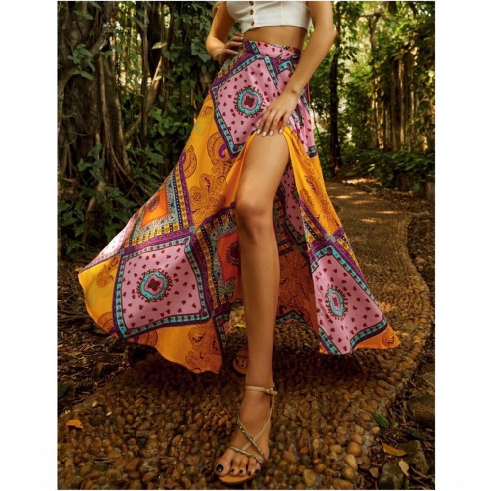 Boho Festival Floral Scarf Print Knot Side Slit Maxi Skirt - Picture 4 of 6